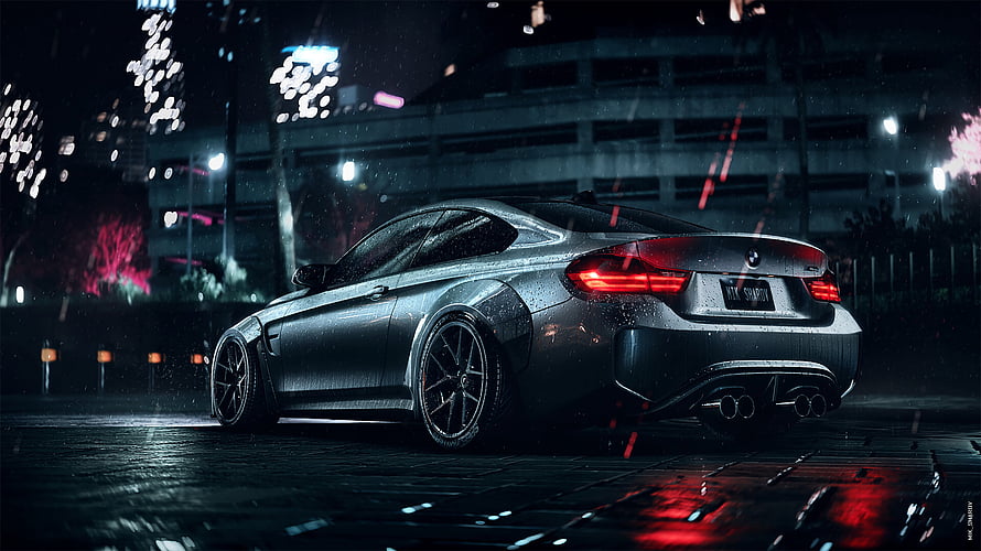 Silver BMW M4 Coupe Parked on Wet Street at Night with Neon City Lights HD wallpaper
