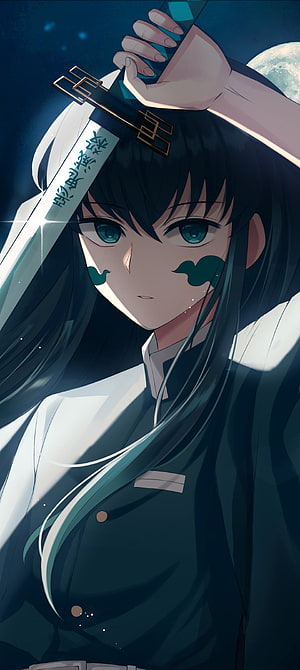 Mitsuri Kanroji from Demon Slayer holding a sword under the moonlight anime wallpaper HD phone wallpaper