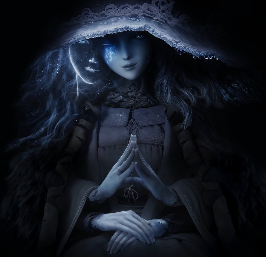 Renna the Doll from Elden Ring in a dark porcelain fantasy portrait with glowing blue eyes and hands clasped in prayer HD wallpaper
