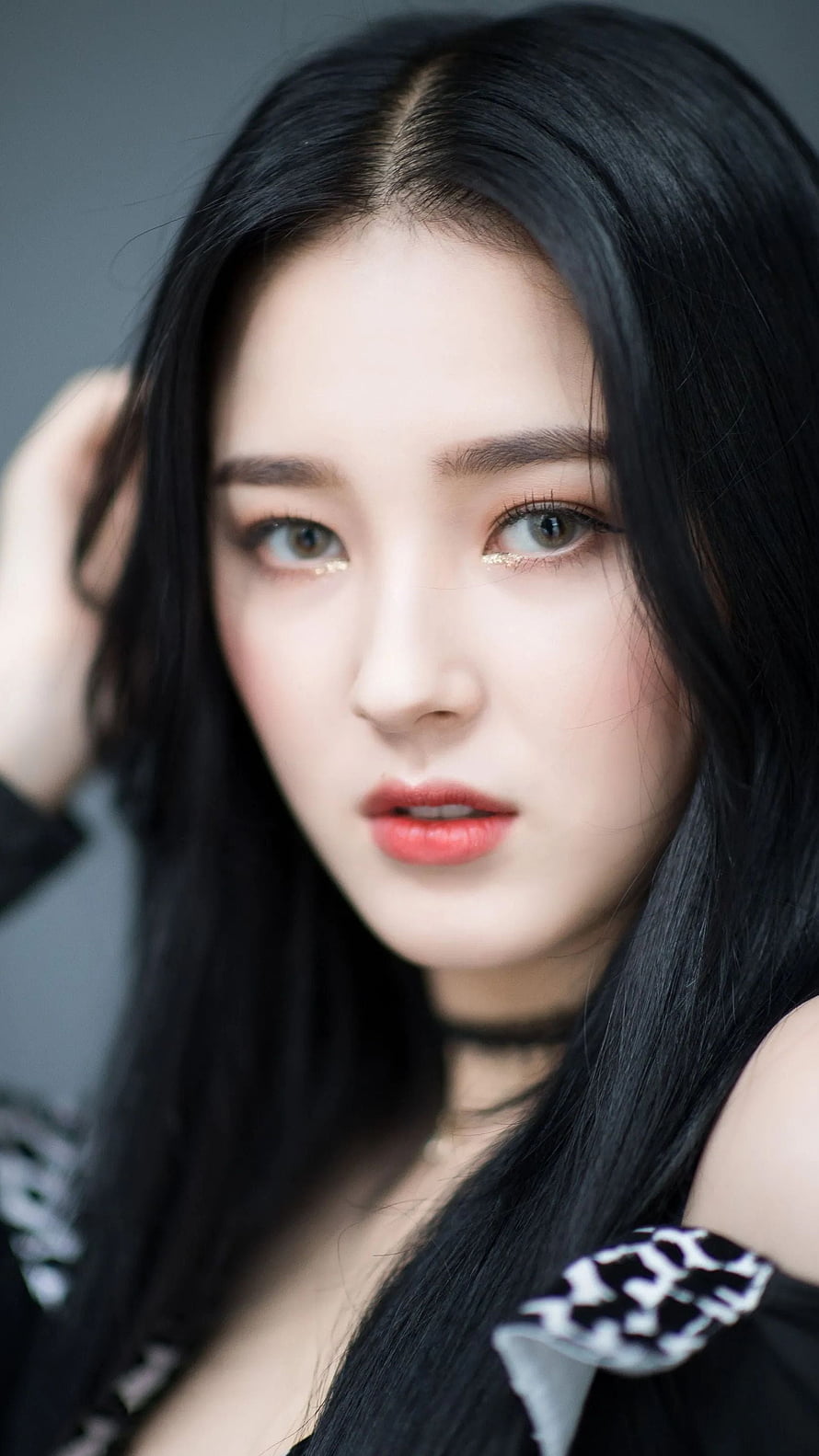 Nancy from Momoland in a Close-Up Portrait with Long Black Hair and Soft Studio Lighting HD phone wallpaper