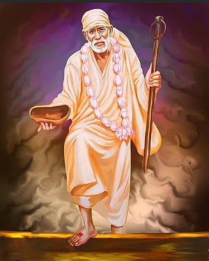 Sri Ramakrishna Paramahamsa Digital Art Portrait with Lotus Garland and Staff HD phone wallpaper