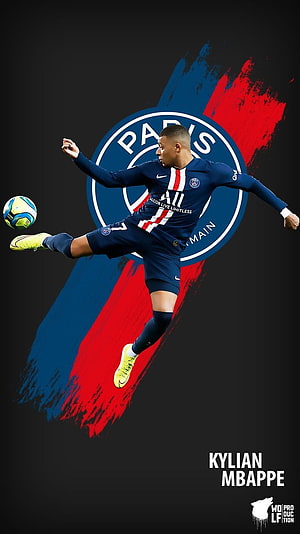 Kylian Mbappe PSG Action Shot with Team Crest and Paint Stroke Background HD phone wallpaper