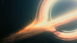 Interstellar Gargantua Black Hole with Glowing Accretion Disk and Distant Planet HD wallpaper