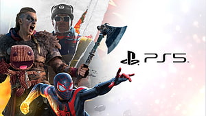 PlayStation 5 Hero Lineup Featuring Spider-Man, God of War, and Horizon Zero Dawn HD wallpaper